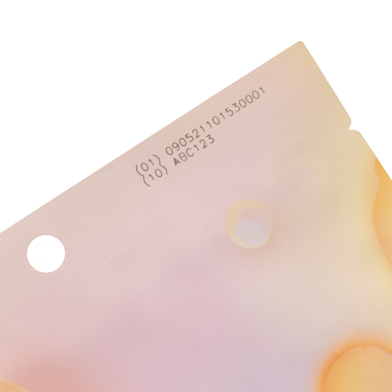 UV laser marking on a flexible packaging pouch, e.g., for cosmetics.