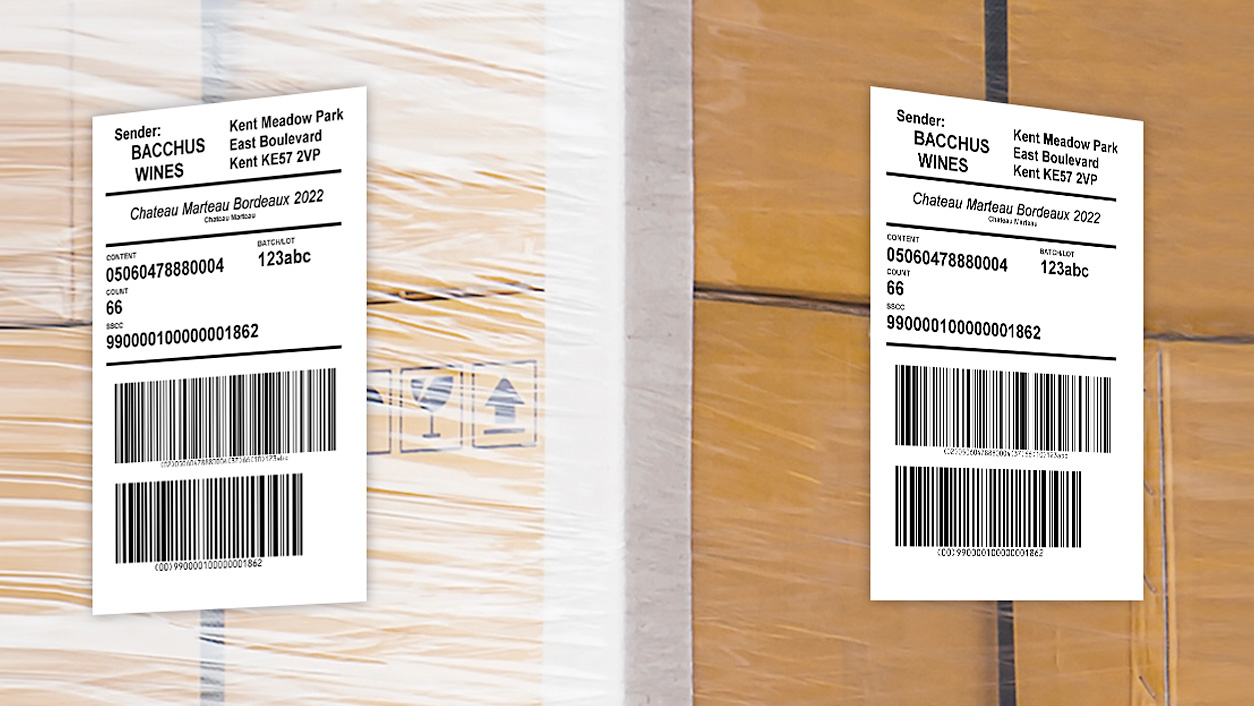 Pallet labeling on two sides of a wrapped pallet
