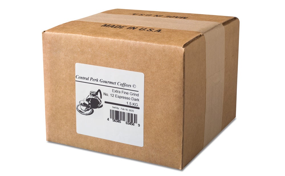 Label applied on a corrugate coffee carton by a Videojet 9560 labeling system