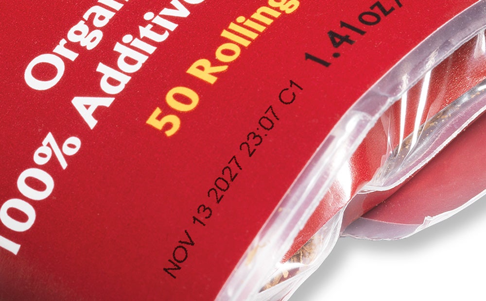 High-resolution date code printed on flexible tobacco film using Videojet 8520 and Wolke m610 Touch TIJ printers