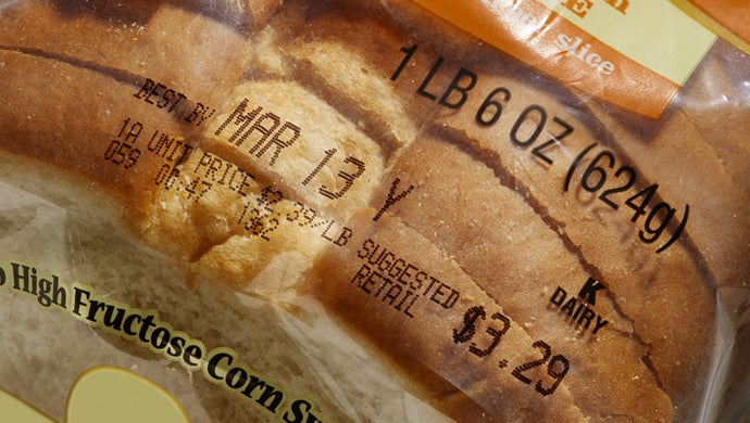Substrate flexible foil plastic packaging with pricing, lot codes, and expiration date.