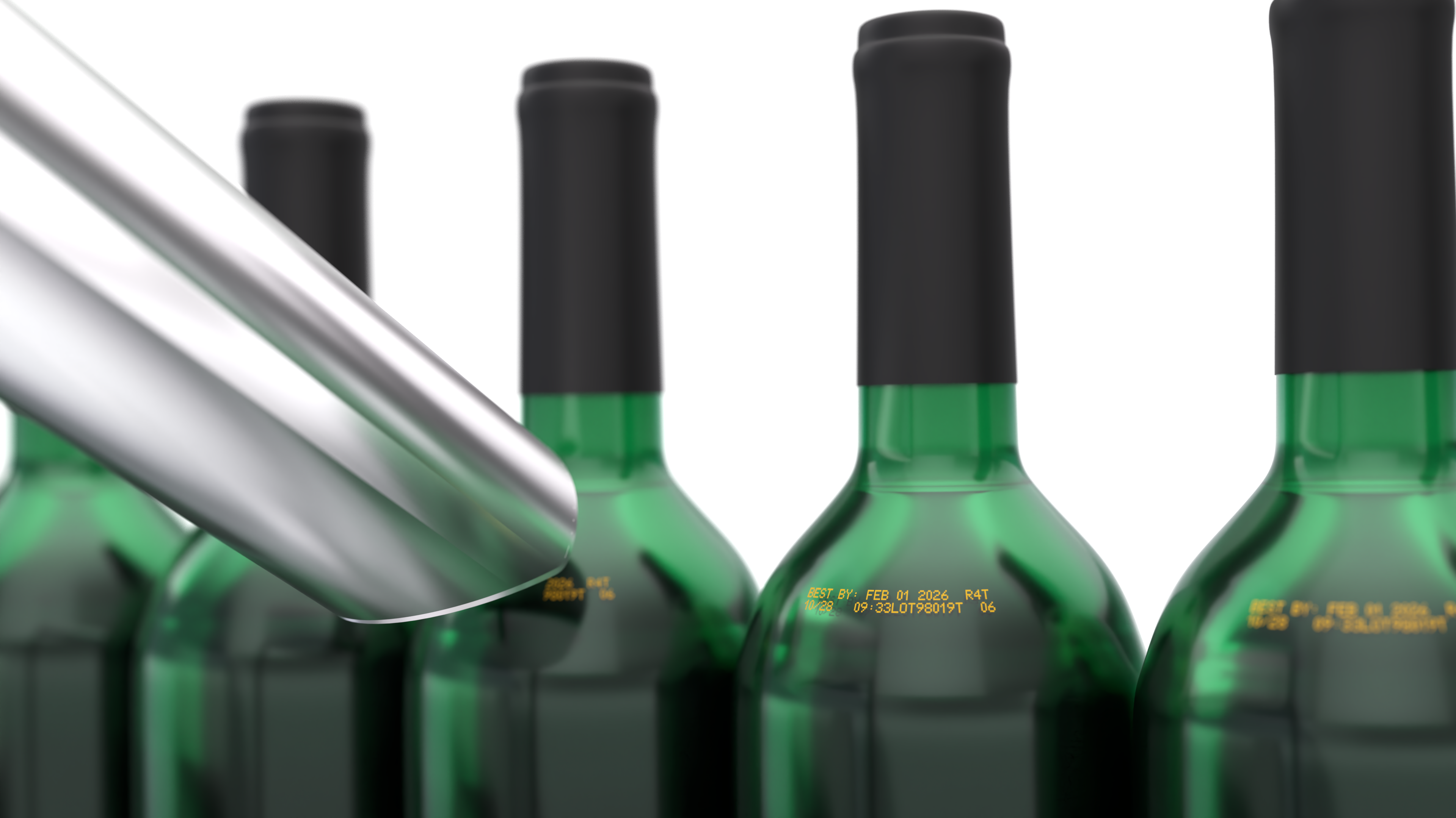 Garrafas de vidro verde marcadas com tinta de alto contraste