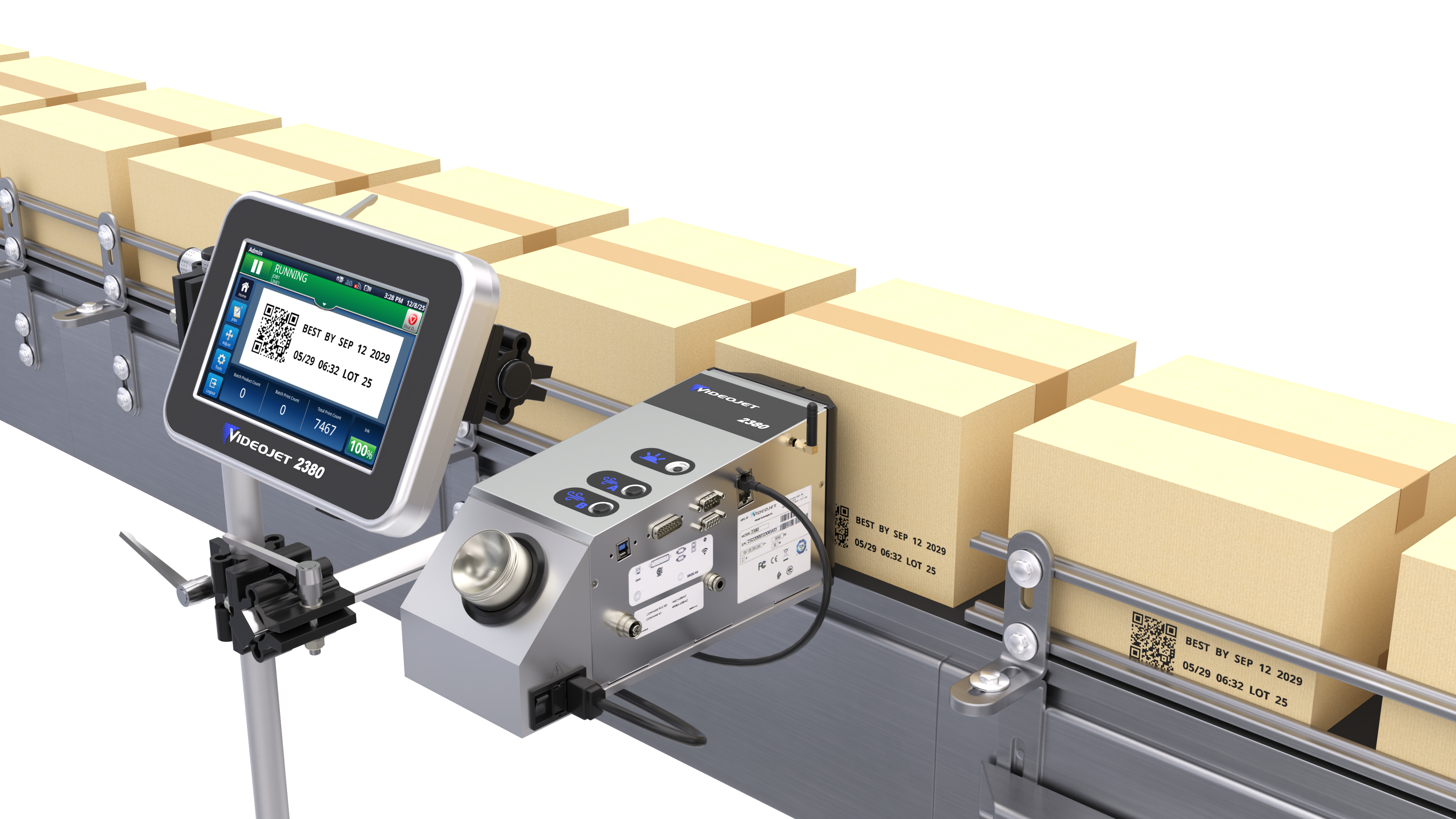 videojet-date-coder-packaging-line Industrial date coder printing expiry date on packaged food products in a production line