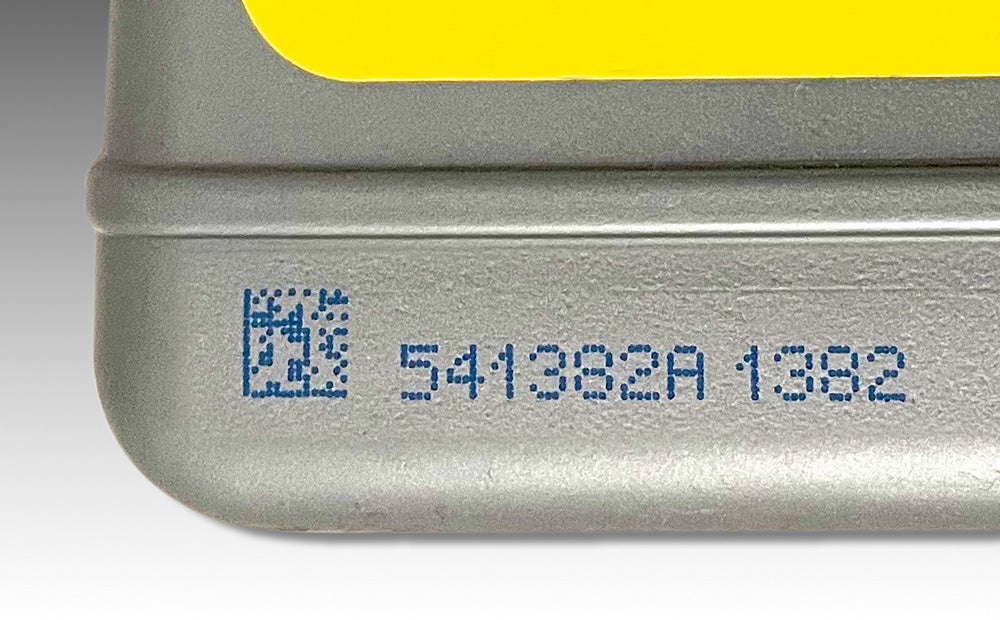 high-contrast blue code metal packaging
