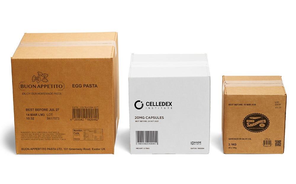 Large Character Marker (LCM 2380) printing codes on multiple corrugate boxes.