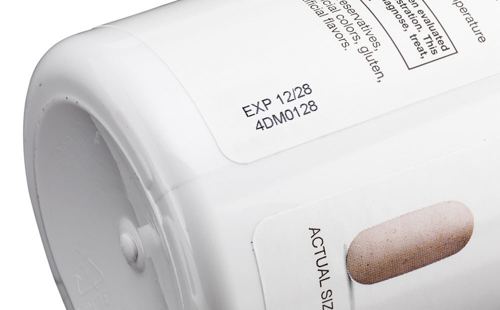 TIJ printed expiration date and lot code on pharmaceutical bottle paper label